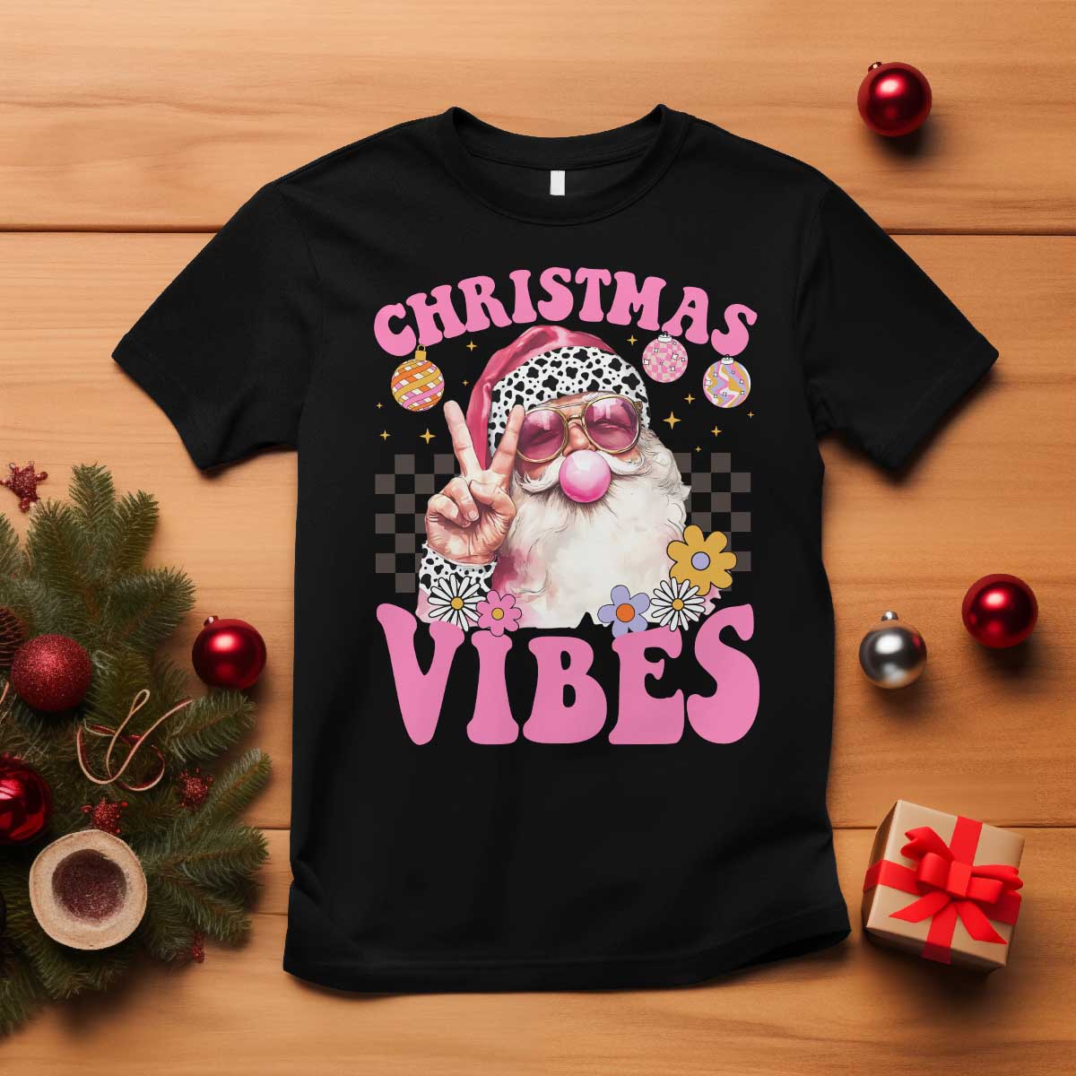 Retro Christmas Santa T Shirt Pink Xmas Vibes Groovy Santa Claus Womens Kids Girls Gifts - Wonder Print Shop