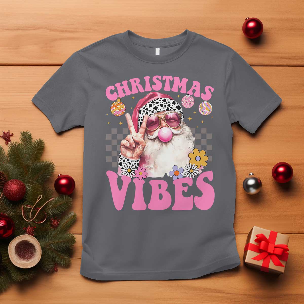 Retro Christmas Santa T Shirt Pink Xmas Vibes Groovy Santa Claus Womens Kids Girls Gifts - Wonder Print Shop