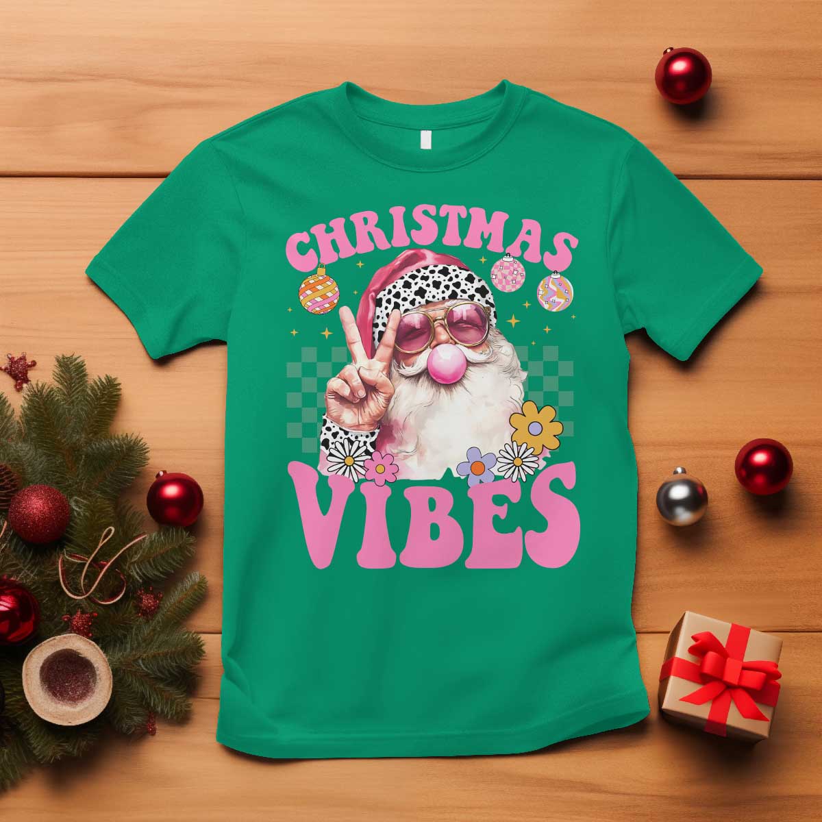 Retro Christmas Santa T Shirt Pink Xmas Vibes Groovy Santa Claus Womens Kids Girls Gifts - Wonder Print Shop
