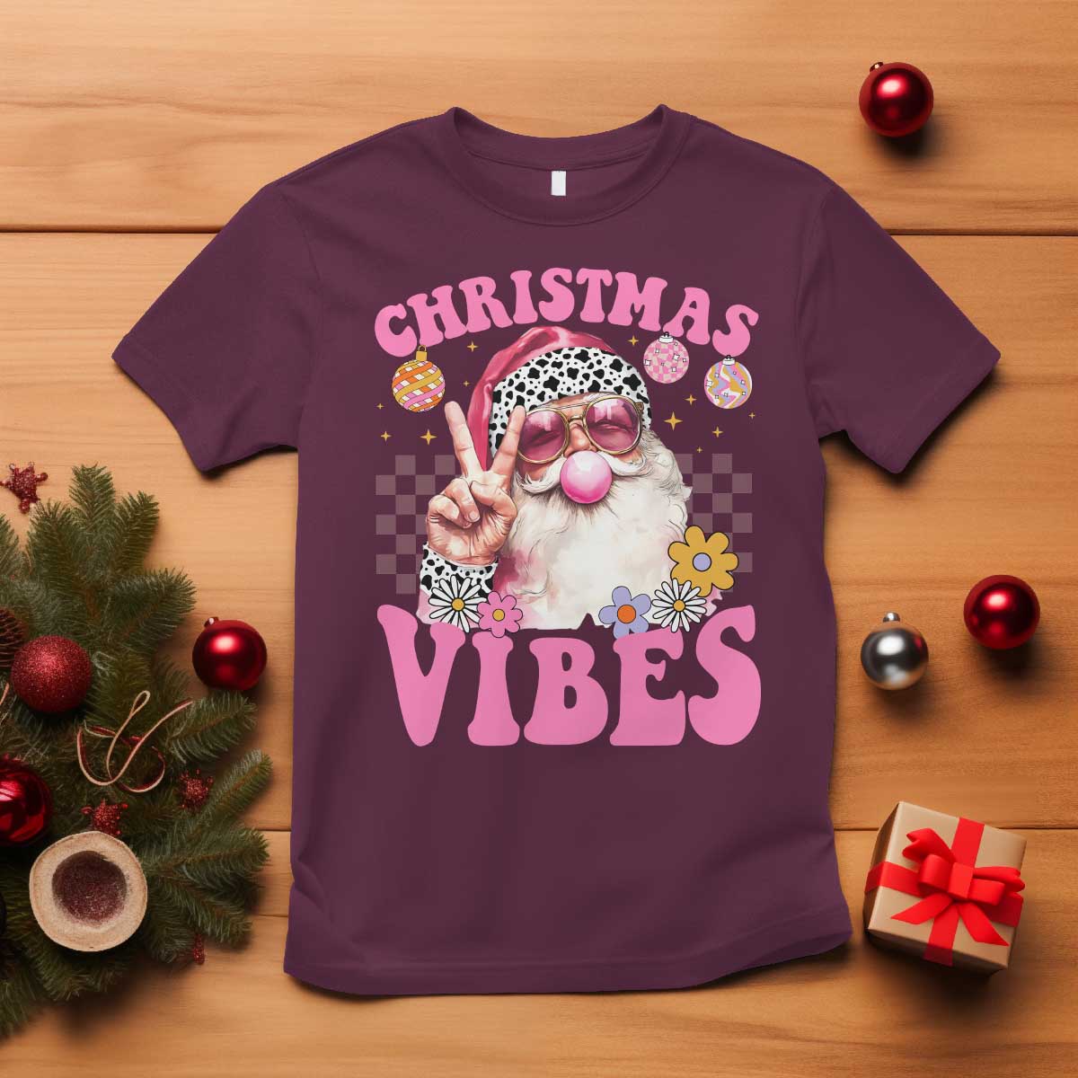 Retro Christmas Santa T Shirt Pink Xmas Vibes Groovy Santa Claus Womens Kids Girls Gifts - Wonder Print Shop