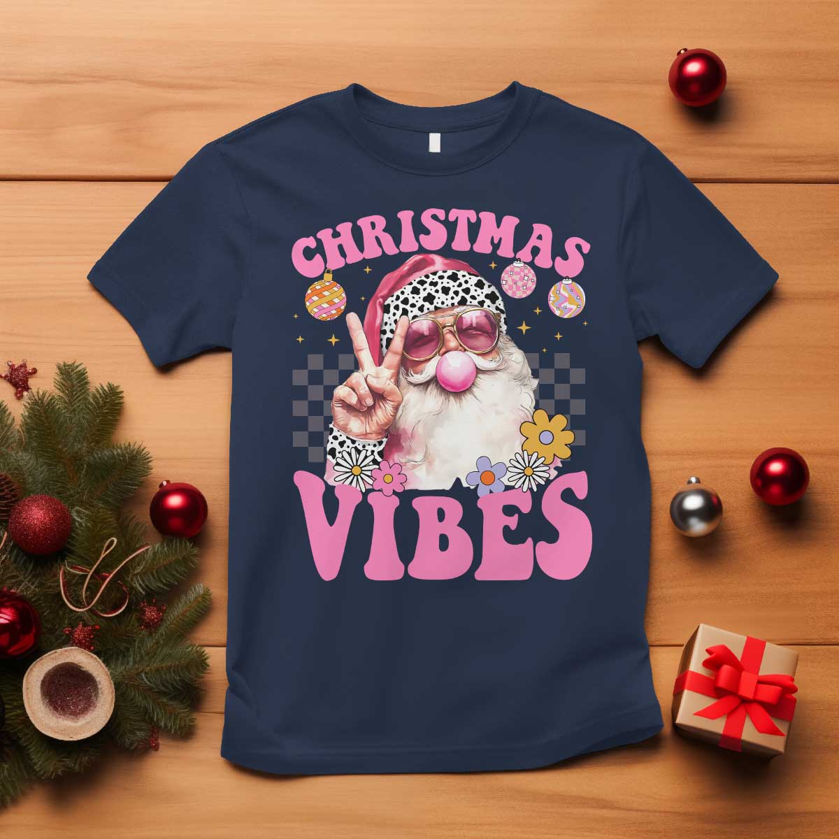 Retro Christmas Santa T Shirt Pink Xmas Vibes Groovy Santa Claus Womens Kids Girls Gifts - Wonder Print Shop