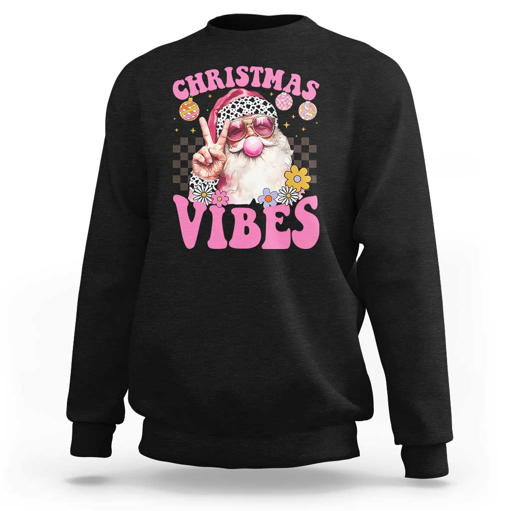 Retro Christmas Santa Sweatshirt Pink Xmas Vibes Groovy Santa Claus Womens Kids Girls Gifts - Wonder Print Shop
