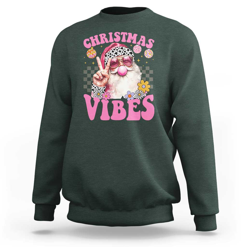 Retro Christmas Santa Sweatshirt Pink Xmas Vibes Groovy Santa Claus Womens Kids Girls Gifts - Wonder Print Shop