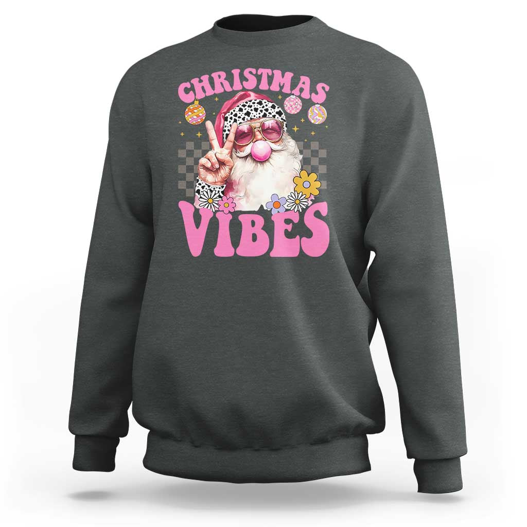 Retro Christmas Santa Sweatshirt Pink Xmas Vibes Groovy Santa Claus Womens Kids Girls Gifts - Wonder Print Shop