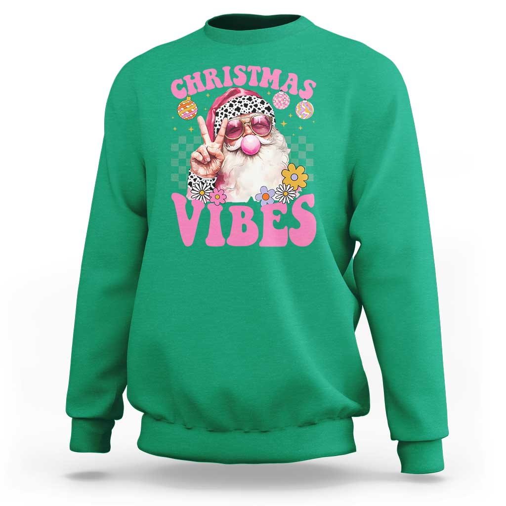 Retro Christmas Santa Sweatshirt Pink Xmas Vibes Groovy Santa Claus Womens Kids Girls Gifts - Wonder Print Shop