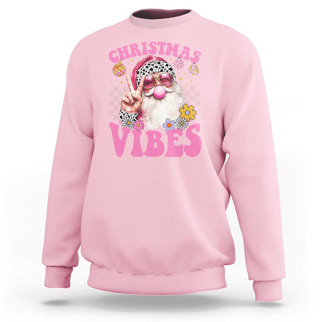 Retro Christmas Santa Sweatshirt Pink Xmas Vibes Groovy Santa Claus Womens Kids Girls Gifts - Wonder Print Shop