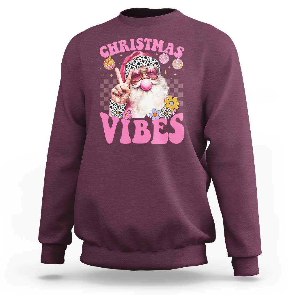 Retro Christmas Santa Sweatshirt Pink Xmas Vibes Groovy Santa Claus Womens Kids Girls Gifts - Wonder Print Shop