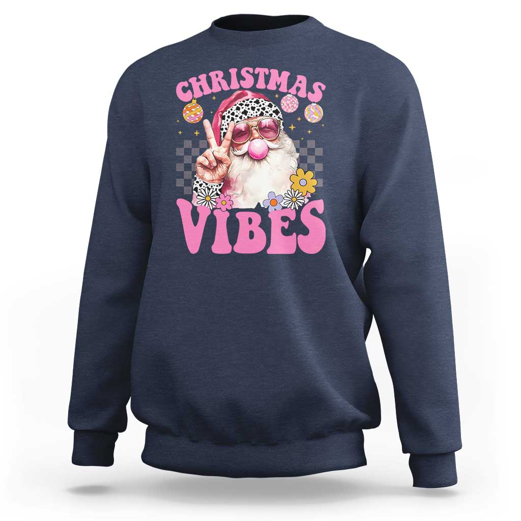 Retro Christmas Santa Sweatshirt Pink Xmas Vibes Groovy Santa Claus Womens Kids Girls Gifts - Wonder Print Shop