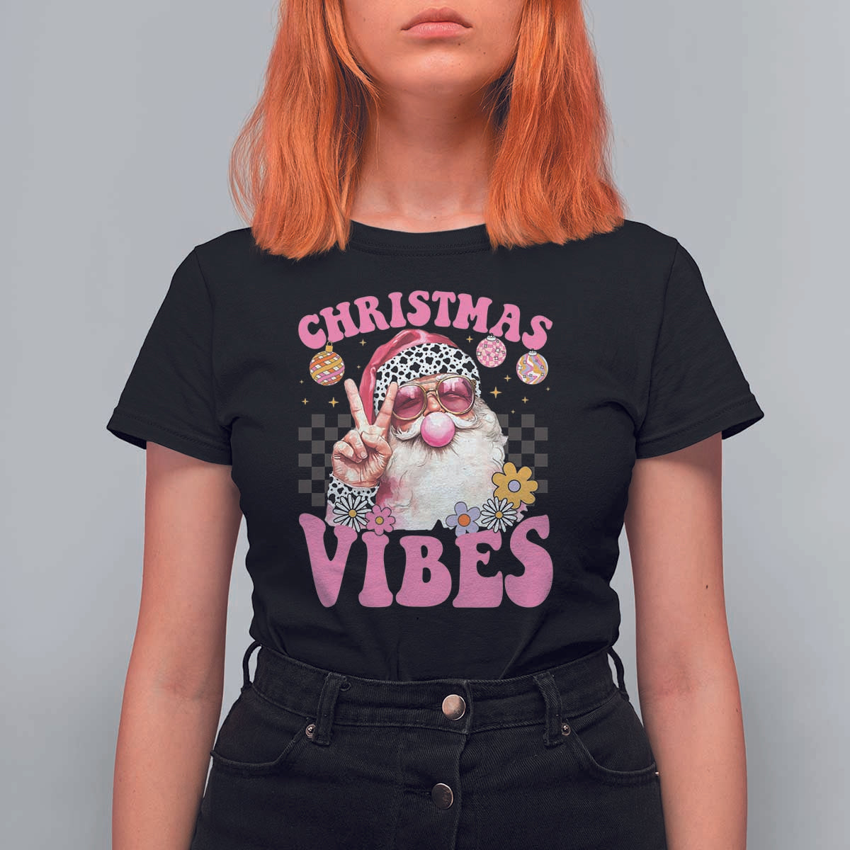 Retro Christmas Santa T Shirt For Women Pink Xmas Vibes Groovy Santa Claus Womens Kids Girls Gifts - Wonder Print Shop