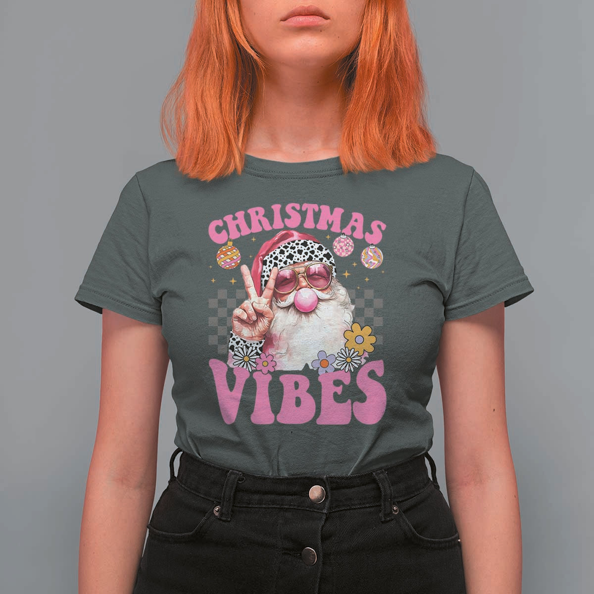 Retro Christmas Santa T Shirt For Women Pink Xmas Vibes Groovy Santa Claus Womens Kids Girls Gifts - Wonder Print Shop