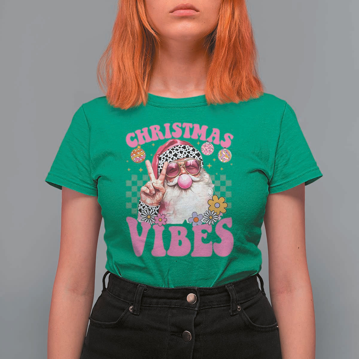 Retro Christmas Santa T Shirt For Women Pink Xmas Vibes Groovy Santa Claus Womens Kids Girls Gifts - Wonder Print Shop