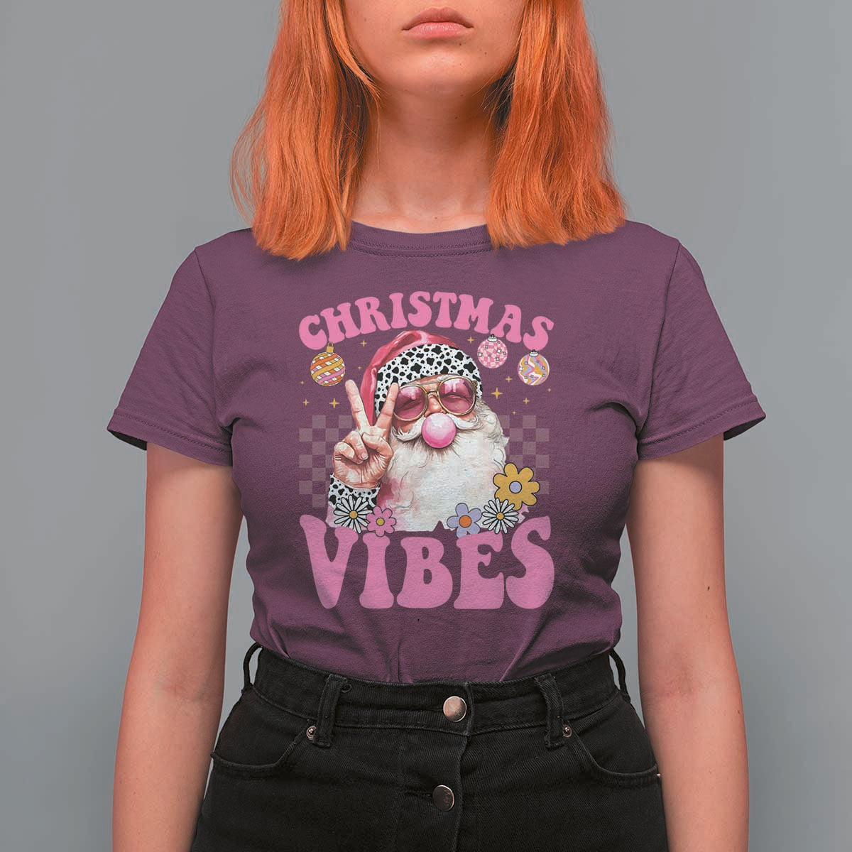 Retro Christmas Santa T Shirt For Women Pink Xmas Vibes Groovy Santa Claus Womens Kids Girls Gifts - Wonder Print Shop