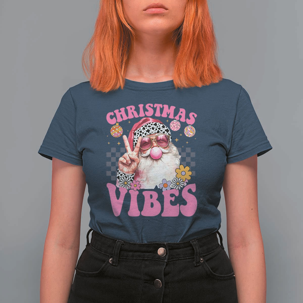 Retro Christmas Santa T Shirt For Women Pink Xmas Vibes Groovy Santa Claus Womens Kids Girls Gifts - Wonder Print Shop