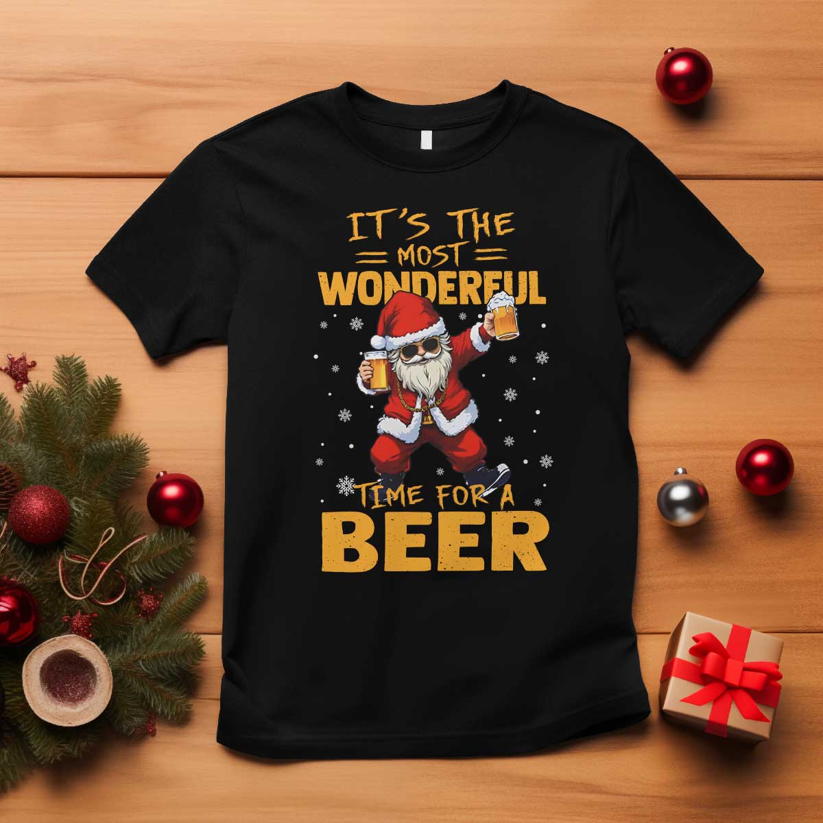 Funny Christmas Santa Claus Drinking Beer Wonderful Time T Shirt - Wonder Print Shop