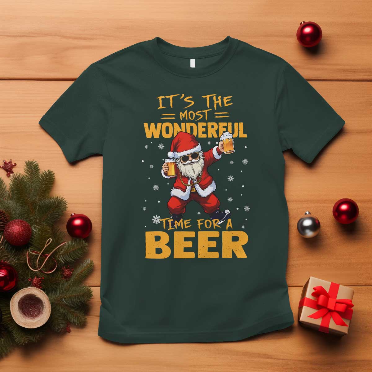 Funny Christmas Santa Claus Drinking Beer Wonderful Time T Shirt - Wonder Print Shop