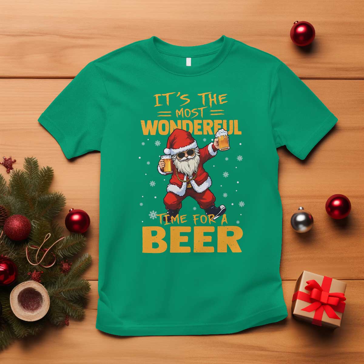Funny Christmas Santa Claus Drinking Beer Wonderful Time T Shirt - Wonder Print Shop