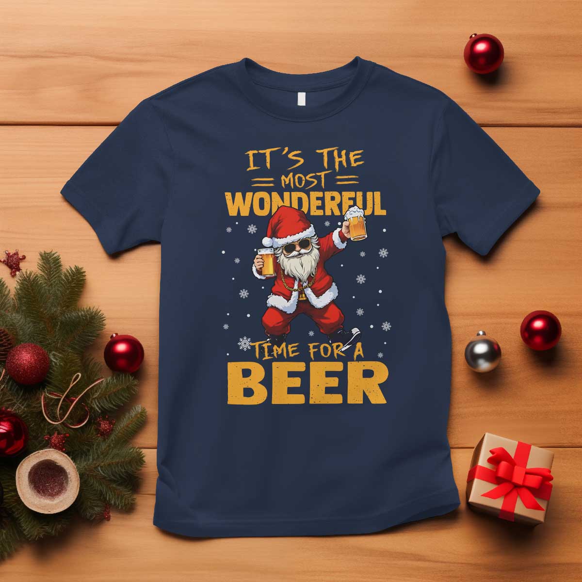 Funny Christmas Santa Claus Drinking Beer Wonderful Time T Shirt - Wonder Print Shop