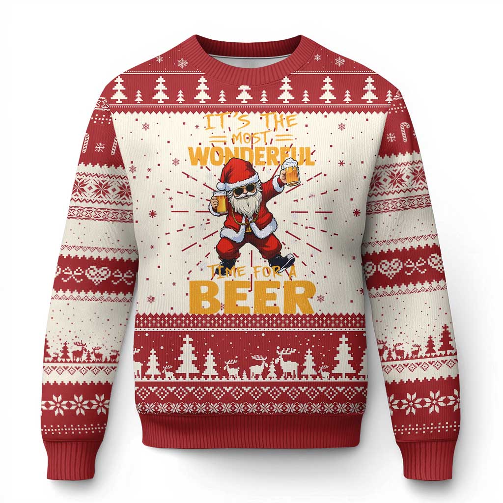 Funny Christmas Santa Claus Drinking Beer Wonderful Time Ugly Christmas Sweater - Wonder Print Shop