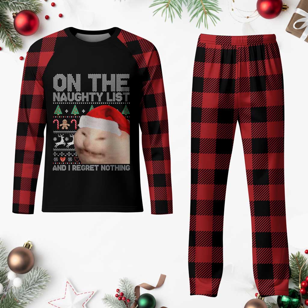 Funny Cat Plaid Pajama Set On The Naughty List And I Regret Nothing Meme Ugly Xmas - Wonder Print Shop