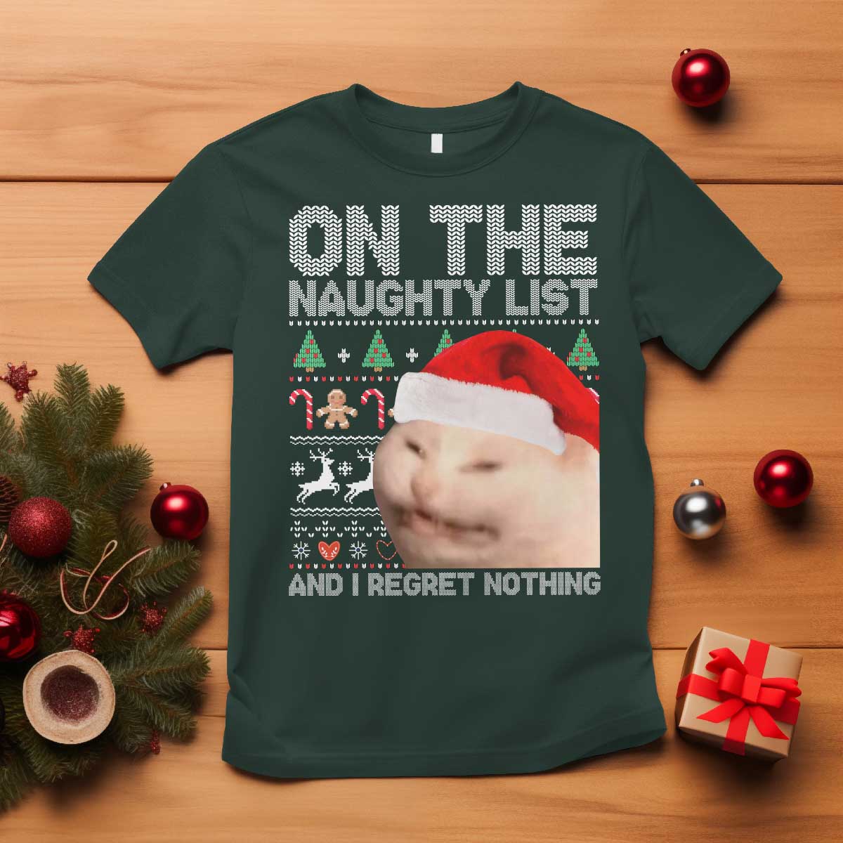 Funny Christmas Cat T Shirt On The Naughty List And I Regret Nothing Meme Ugly Xmas - Wonder Print Shop