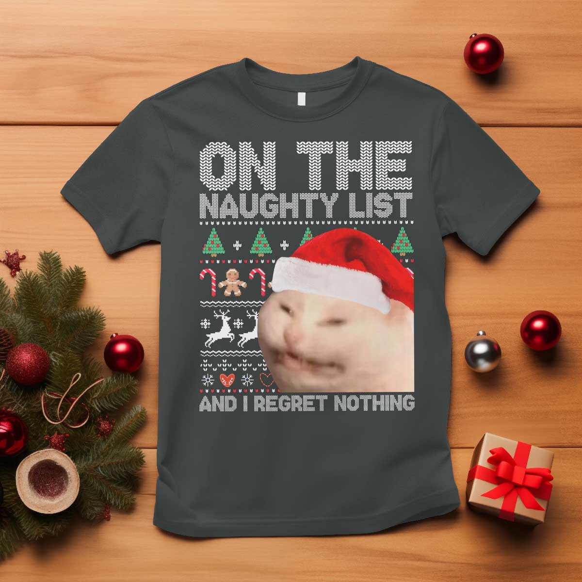 Funny Christmas Cat T Shirt On The Naughty List And I Regret Nothing Meme Ugly Xmas - Wonder Print Shop