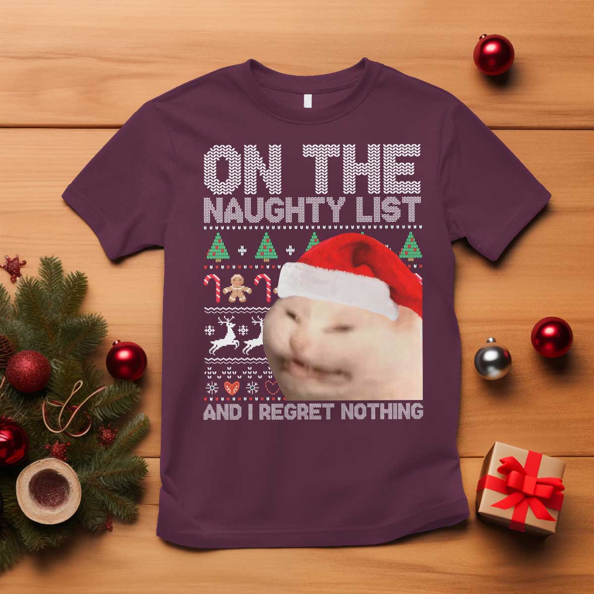 Funny Christmas Cat T Shirt On The Naughty List And I Regret Nothing Meme Ugly Xmas - Wonder Print Shop