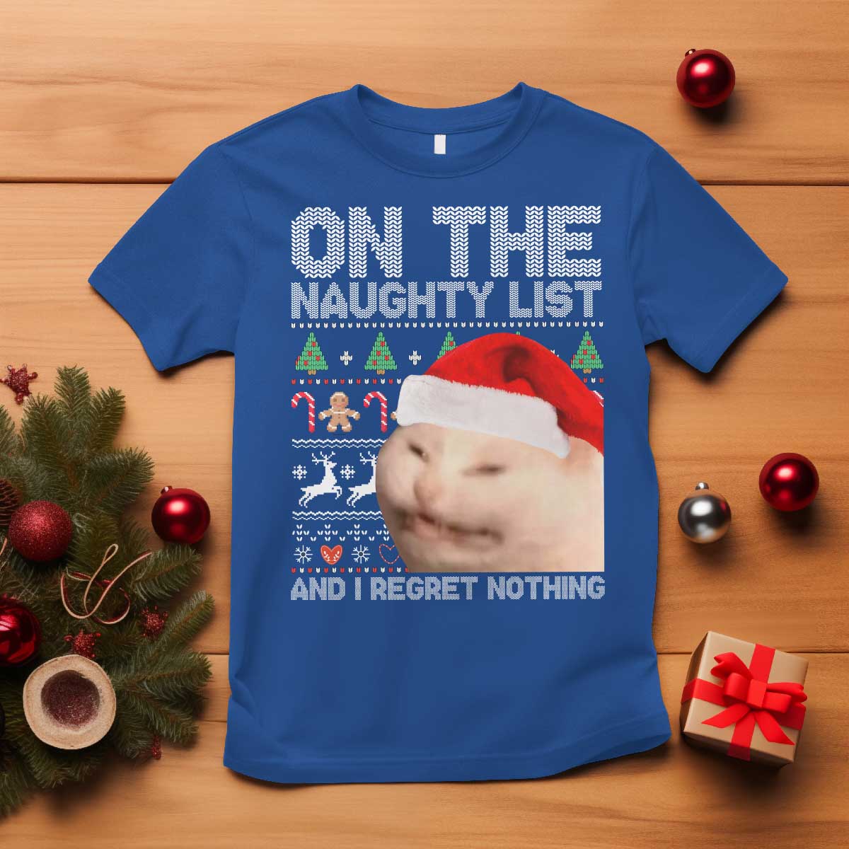 Funny Christmas Cat T Shirt On The Naughty List And I Regret Nothing Meme Ugly Xmas - Wonder Print Shop