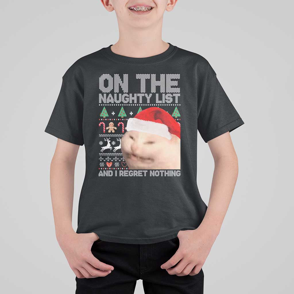 Funny Christmas Cat T Shirt For Kid On The Naughty List And I Regret Nothing Meme Ugly Xmas - Wonder Print Shop