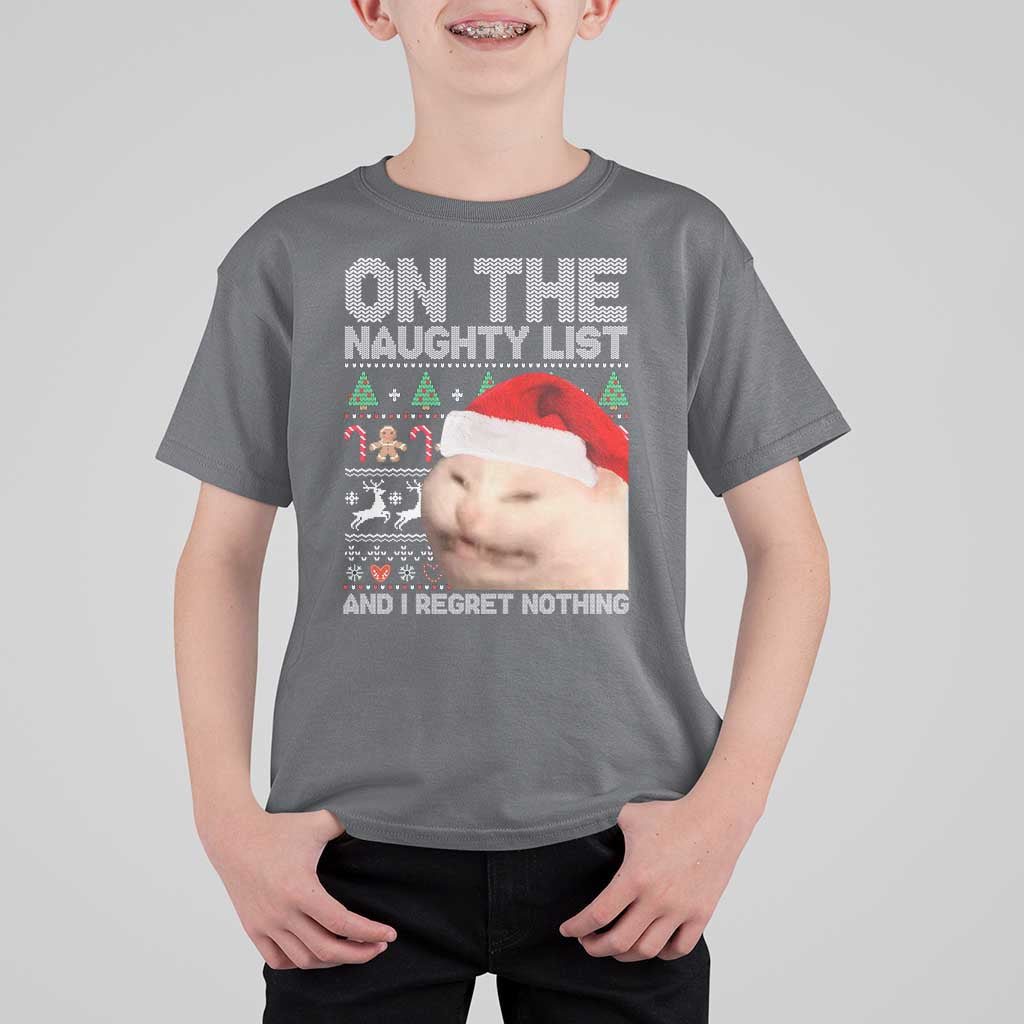 Funny Christmas Cat T Shirt For Kid On The Naughty List And I Regret Nothing Meme Ugly Xmas - Wonder Print Shop