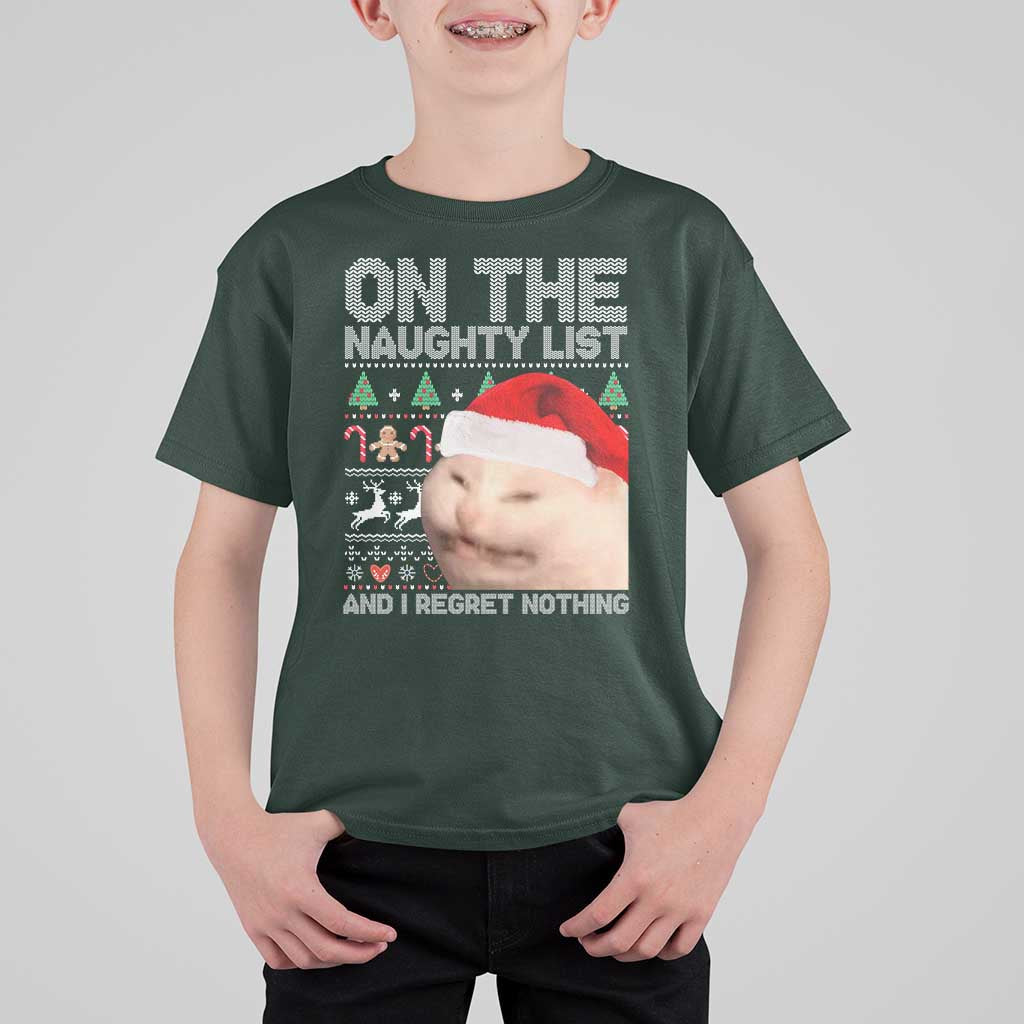 Funny Christmas Cat T Shirt For Kid On The Naughty List And I Regret Nothing Meme Ugly Xmas - Wonder Print Shop