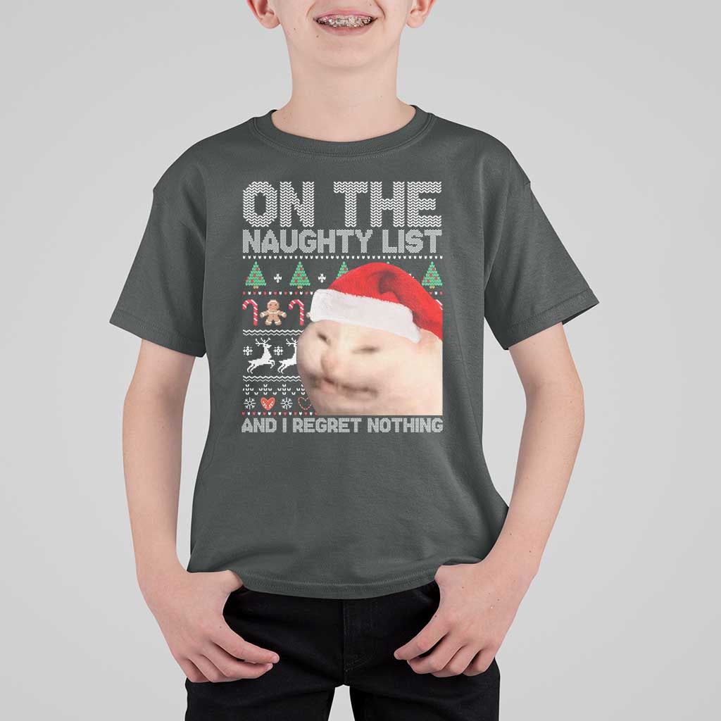 Funny Christmas Cat T Shirt For Kid On The Naughty List And I Regret Nothing Meme Ugly Xmas - Wonder Print Shop