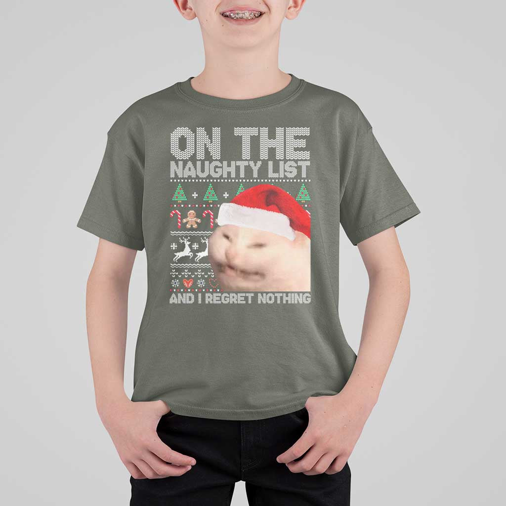 Funny Christmas Cat T Shirt For Kid On The Naughty List And I Regret Nothing Meme Ugly Xmas - Wonder Print Shop