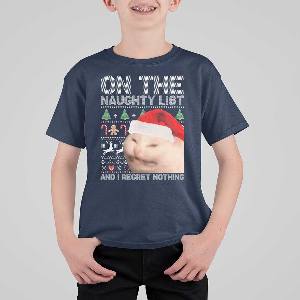 Funny Christmas Cat T Shirt For Kid On The Naughty List And I Regret Nothing Meme Ugly Xmas - Wonder Print Shop