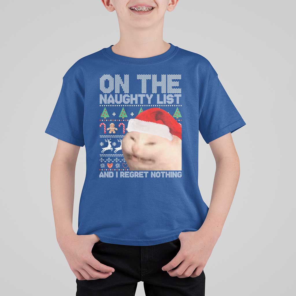 Funny Christmas Cat T Shirt For Kid On The Naughty List And I Regret Nothing Meme Ugly Xmas - Wonder Print Shop