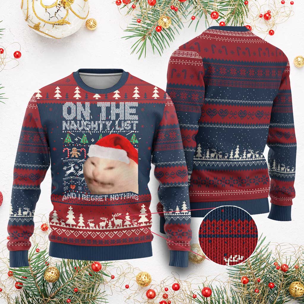 Funny Cat Ugly Christmas Sweater On The Naughty List And I Regret Nothing Meme Ugly Xmas - Wonder Print Shop