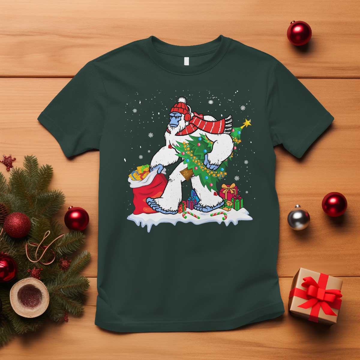 Funny Bigfoot Christmas T Shirt Believe Winter Yeti Santa Hat Sasquatch Loves Xmas Tree Lights - Wonder Print Shop