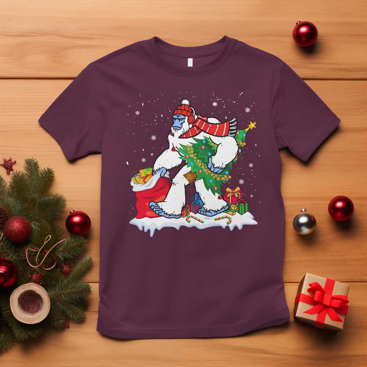 Funny Bigfoot Christmas T Shirt Believe Winter Yeti Santa Hat Sasquatch Loves Xmas Tree Lights - Wonder Print Shop