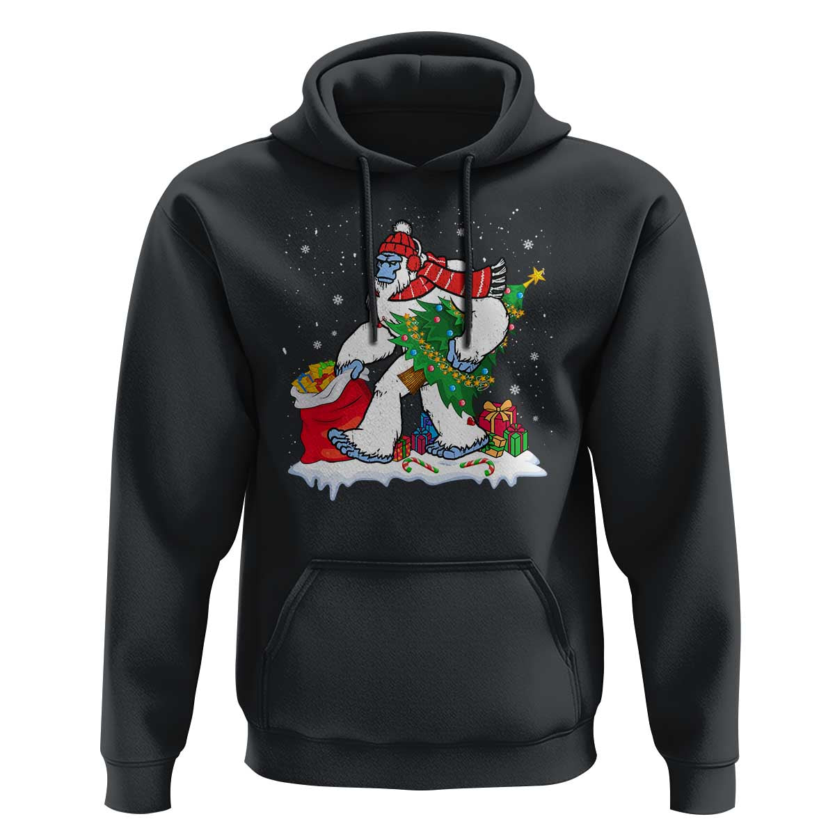 Funny Bigfoot Christmas Hoodie Believe Winter Yeti Santa Hat Sasquatch Loves Xmas Tree Lights