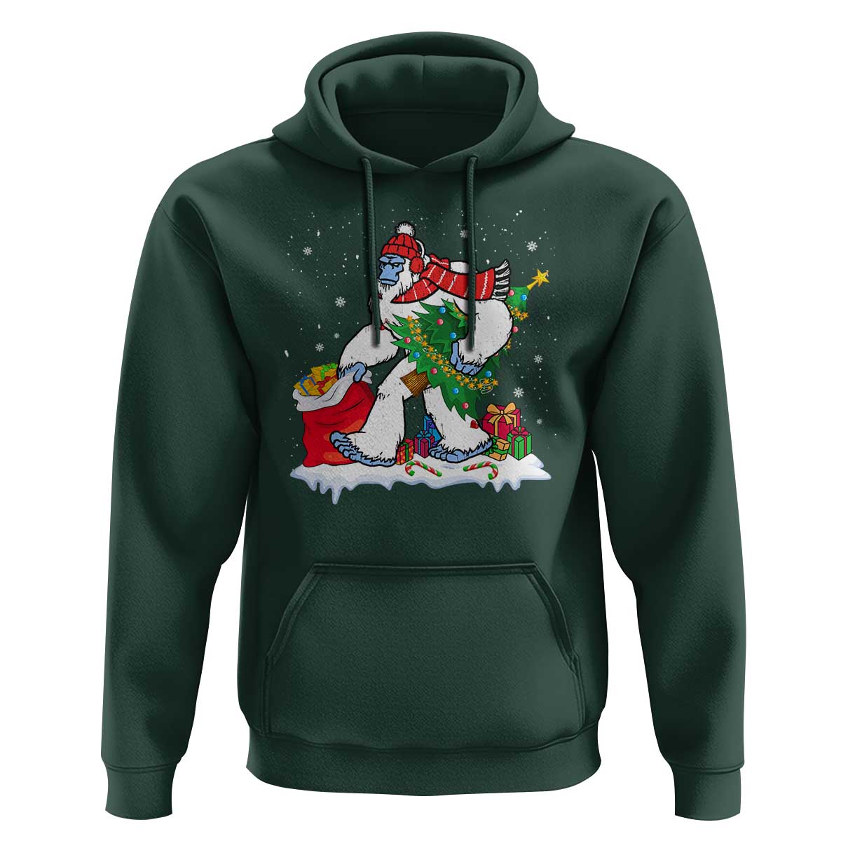Funny Bigfoot Christmas Hoodie Believe Winter Yeti Santa Hat Sasquatch Loves Xmas Tree Lights
