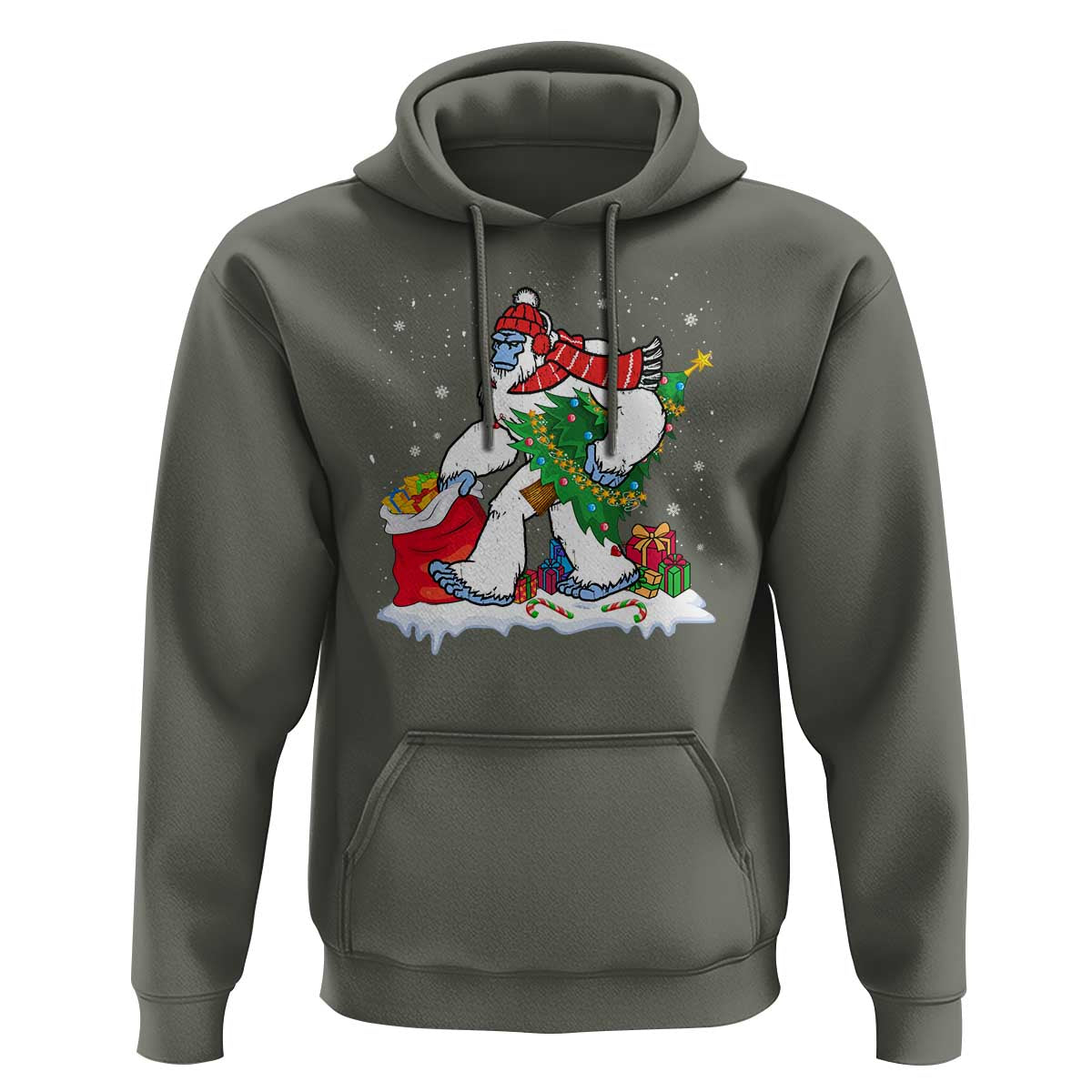 Funny Bigfoot Christmas Hoodie Believe Winter Yeti Santa Hat Sasquatch Loves Xmas Tree Lights