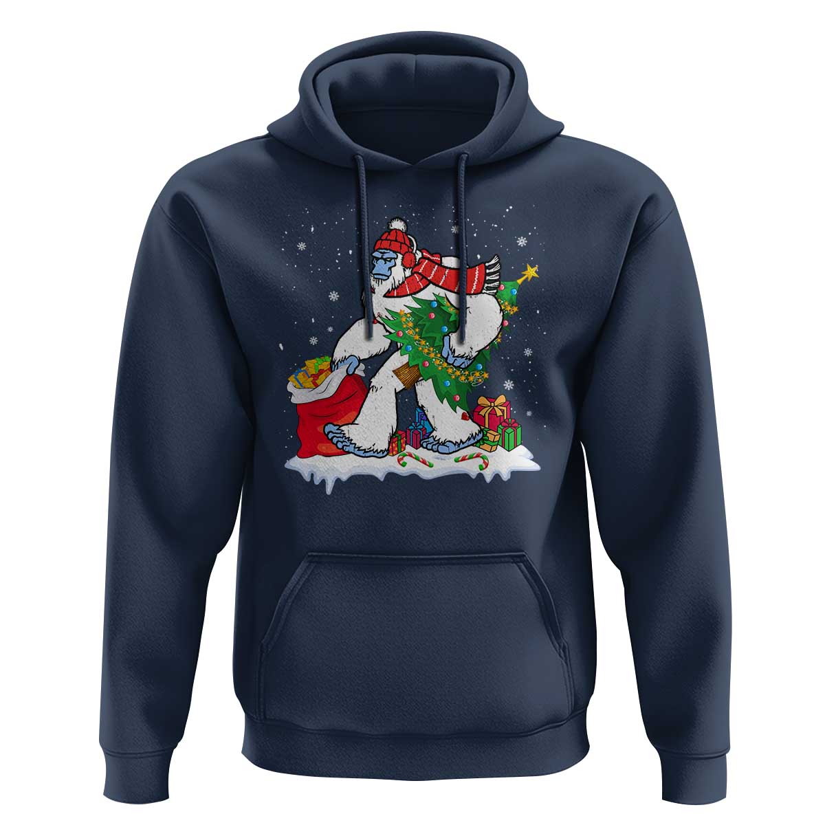 Funny Bigfoot Christmas Hoodie Believe Winter Yeti Santa Hat Sasquatch Loves Xmas Tree Lights