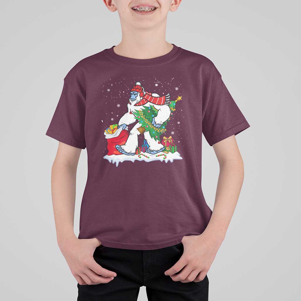 Funny Bigfoot Christmas T Shirt For Kid Believe Winter Yeti Santa Hat Sasquatch Loves Xmas Tree Lights - Wonder Print Shop