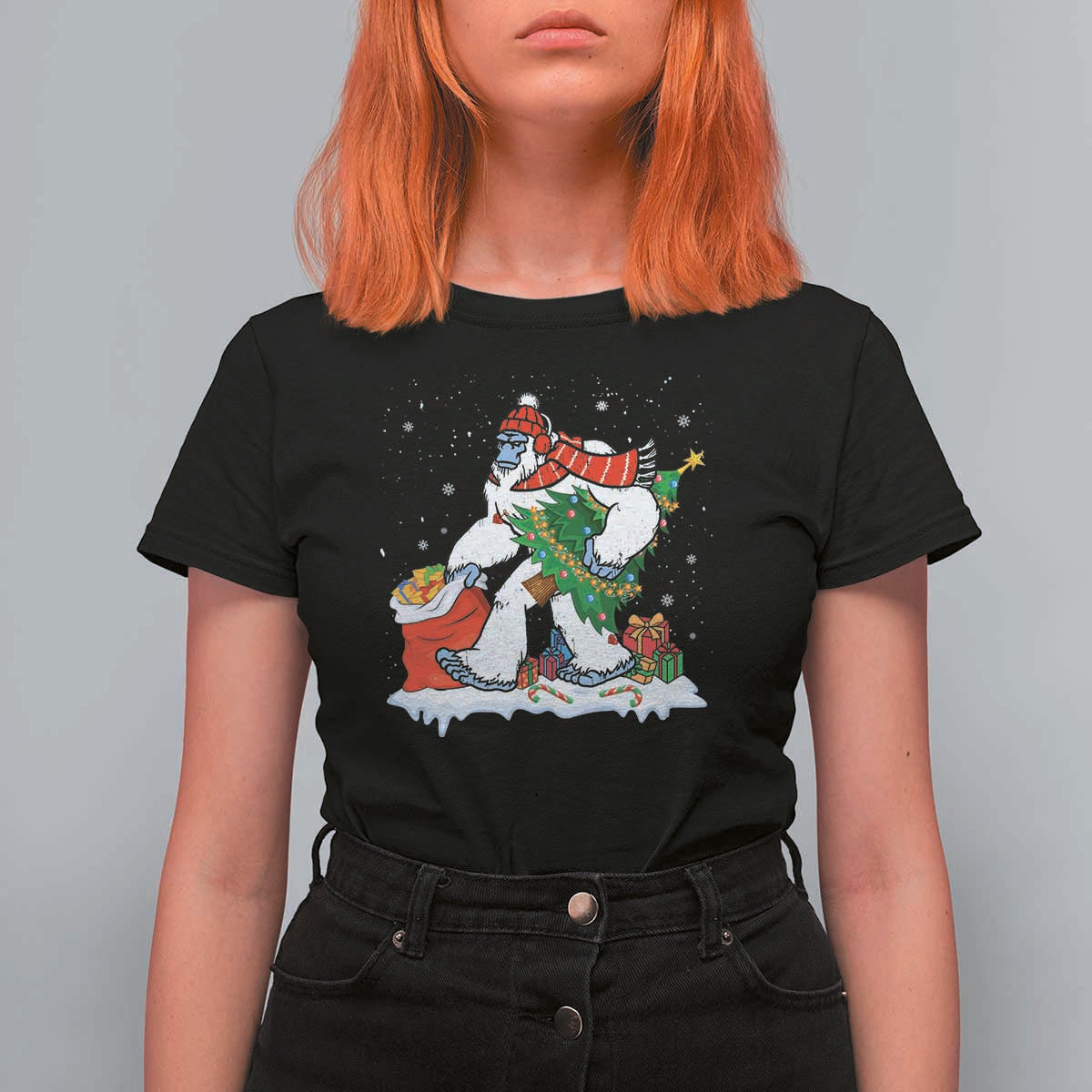 Funny Bigfoot Christmas T Shirt For Women Believe Winter Yeti Santa Hat Sasquatch Loves Xmas Tree Lights - Wonder Print Shop