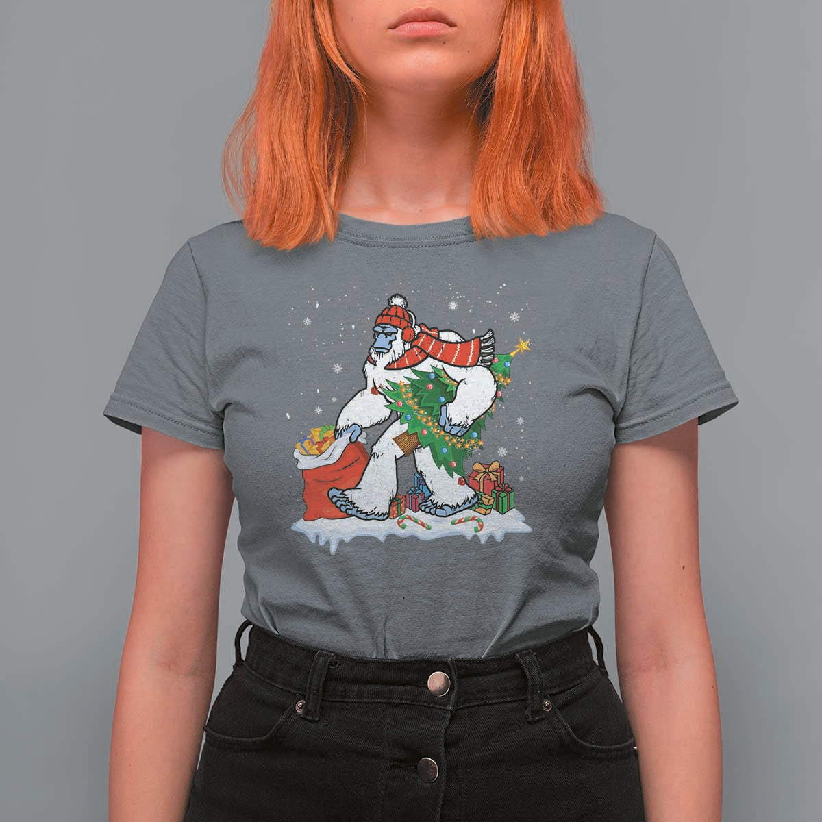 Funny Bigfoot Christmas T Shirt For Women Believe Winter Yeti Santa Hat Sasquatch Loves Xmas Tree Lights - Wonder Print Shop