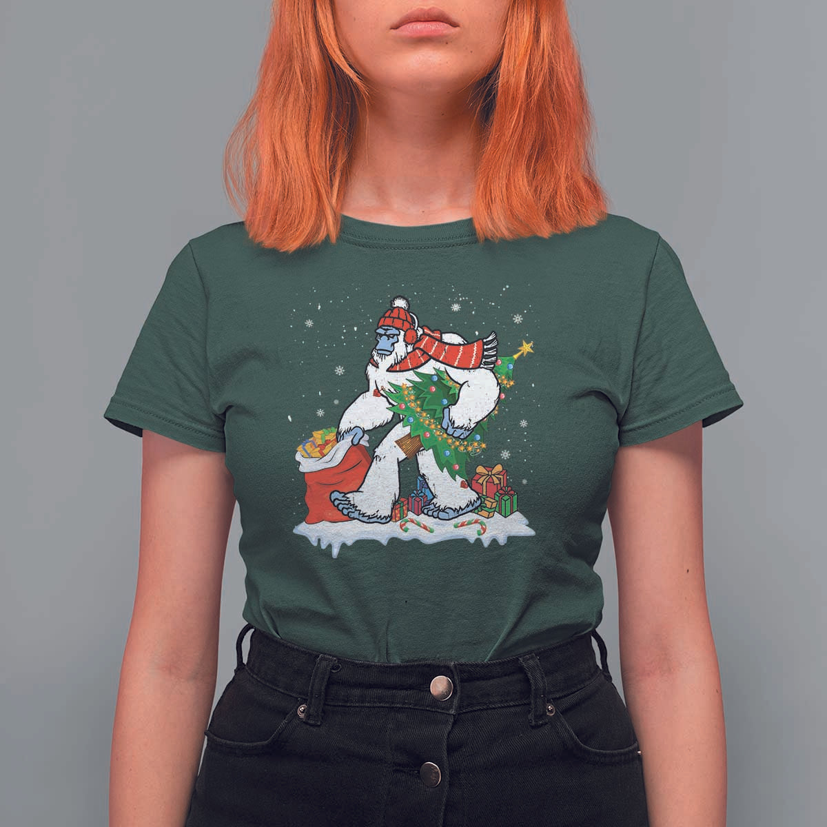 Funny Bigfoot Christmas T Shirt For Women Believe Winter Yeti Santa Hat Sasquatch Loves Xmas Tree Lights - Wonder Print Shop