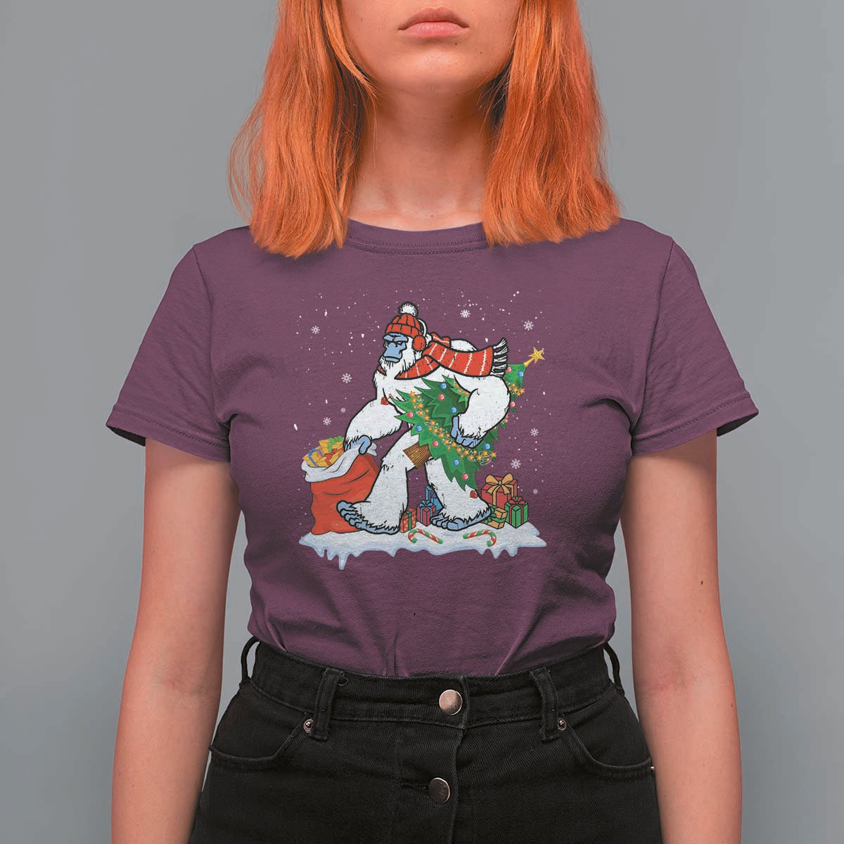 Funny Bigfoot Christmas T Shirt For Women Believe Winter Yeti Santa Hat Sasquatch Loves Xmas Tree Lights - Wonder Print Shop