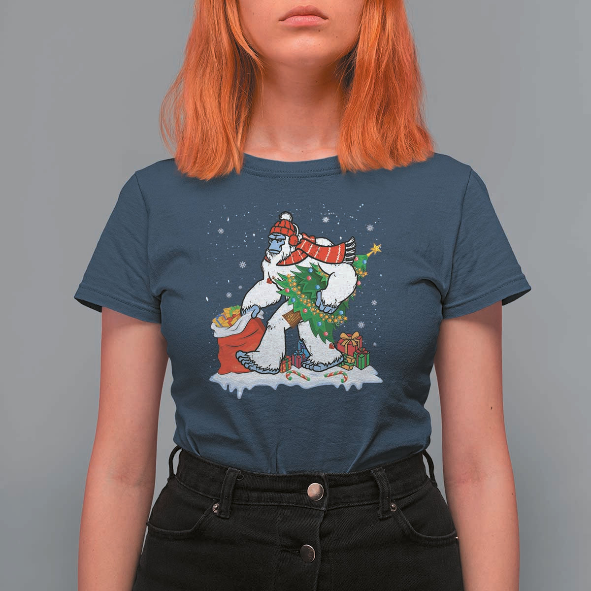 Funny Bigfoot Christmas T Shirt For Women Believe Winter Yeti Santa Hat Sasquatch Loves Xmas Tree Lights - Wonder Print Shop