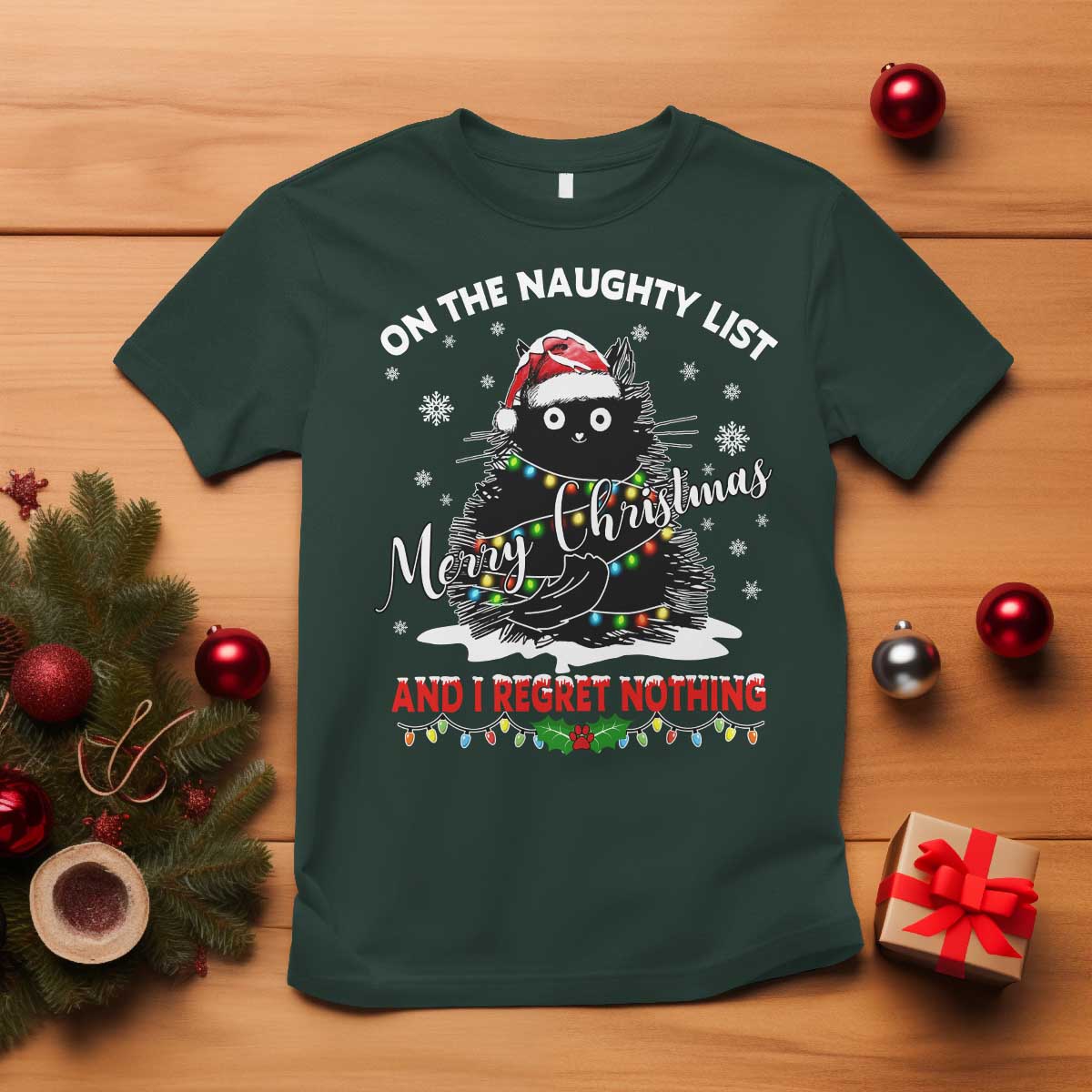 Cat Christmas T Shirt On The Naughty List And I Regret Nothing - Wonder Print Shop