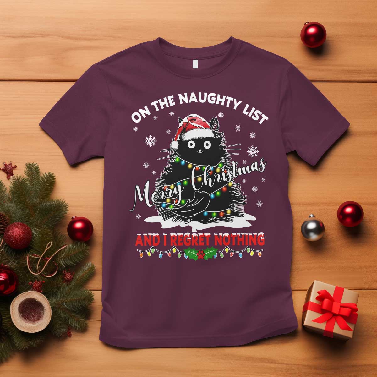 Cat Christmas T Shirt On The Naughty List And I Regret Nothing - Wonder Print Shop