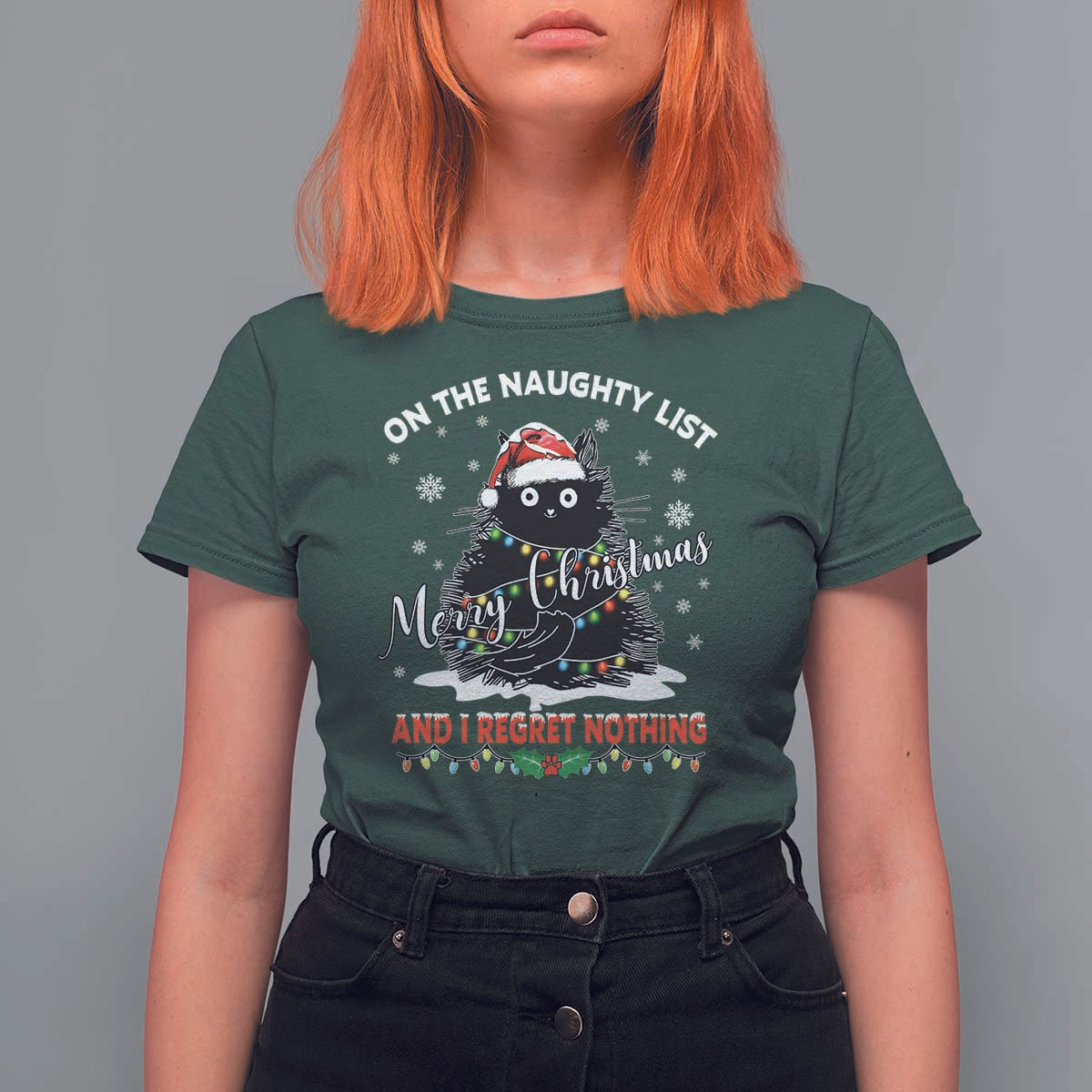 Cat Christmas T Shirt For Women On The Naughty List And I Regret Nothing - Wonder Print Shop